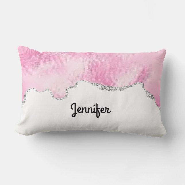 Coussin Rectangle Bordure Parties scintillant rose et argent Faux él (Recto)