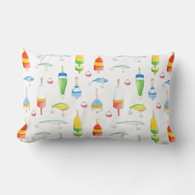 Coussin Rectangle Bouées et leurres d'aquarelle de pêche (Recto)