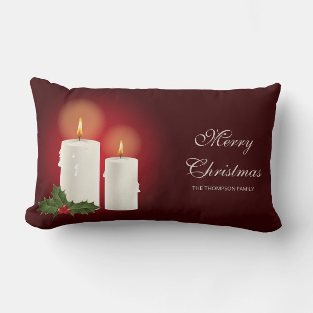 Coussin Rectangle Bougies De Noël Blanches Sur Rouge Avec Texte Pers (Recto)