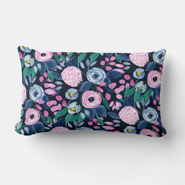 Coussin Rectangle Bouquet d'aquarelle bleu marine rose (Recto)