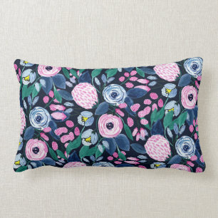 Coussin Rectangle Bouquet d'aquarelle bleu marine rose