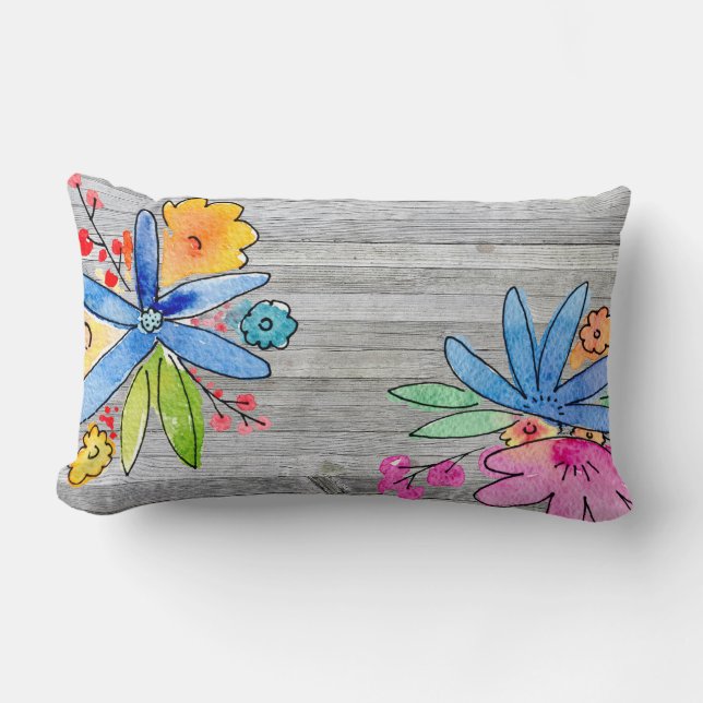 Coussin Rectangle bouquet floral aquarelle sur bois gris (Recto)