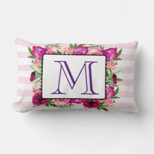 Coussin Rectangle Bouquet floral de rose et pavot Monogramme