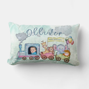 Coussin Rectangle Boys Watercolor Train photo d'anniversaire