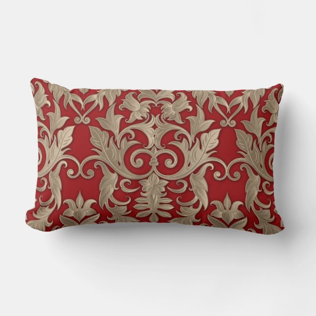 Coussin Rectangle Brocade crème baroque Damask Beige sur rouge (Recto)