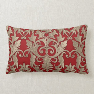 Coussin Rectangle Brocade crème baroque Damask Beige sur rouge