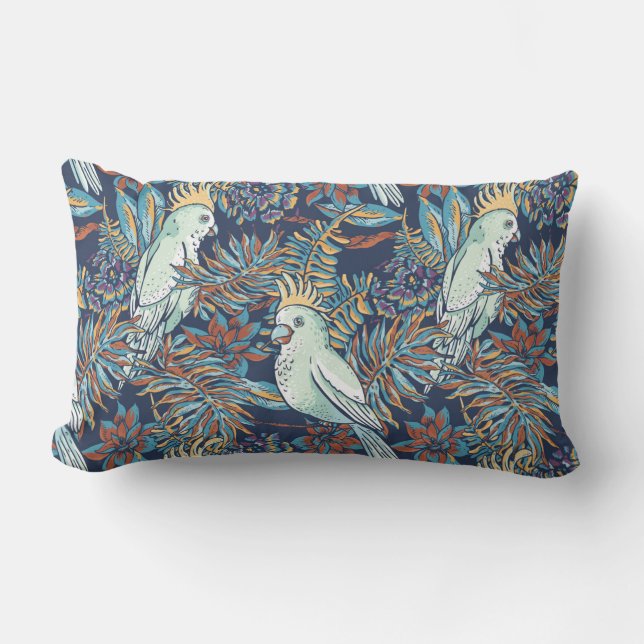 Coussin Rectangle Budgie Rainforest Flowers Arrière - plan bleu feui (Recto)