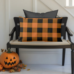Coussin Rectangle Buffle noir et orange plaid automne Halloween