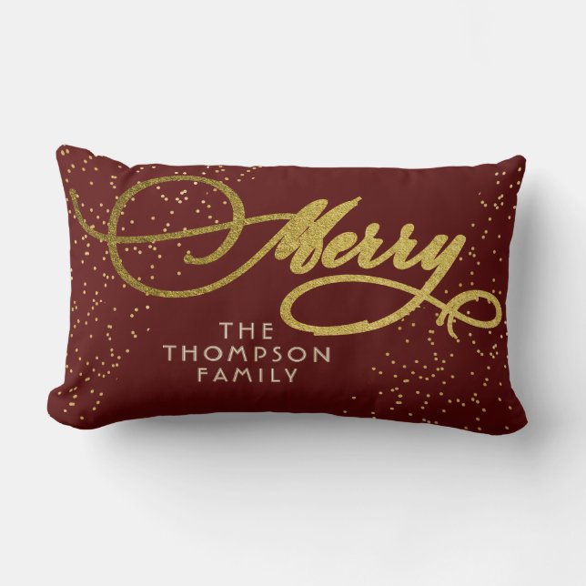 Coussin Rectangle Burgundy Gold Script Merry Bright Famille Noël (Recto)