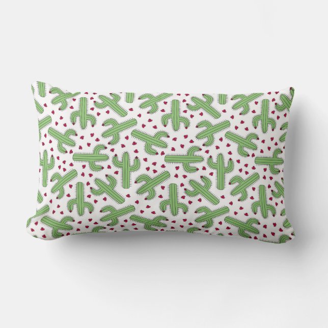 Coussin Rectangle Cactus illustré et motif de fleurs rose (Recto)