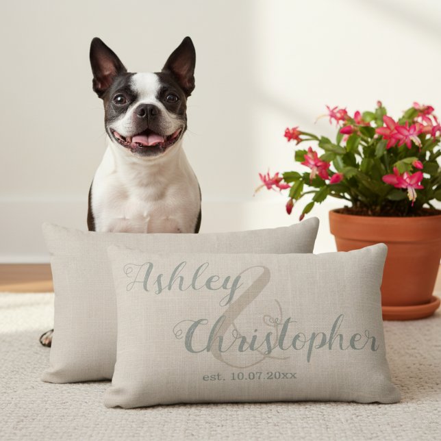 Coussin Rectangle Cadeau de Chauffe Maison Rustique Pour Un Couple P (Wedding or anniversary gift idea! Personalized lumbar pillow with names and wedding date!)