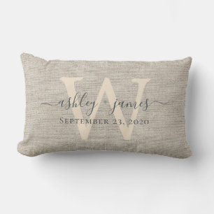 Coussin Rectangle Cadeau de mariage en lin beige et ivoire avec mono