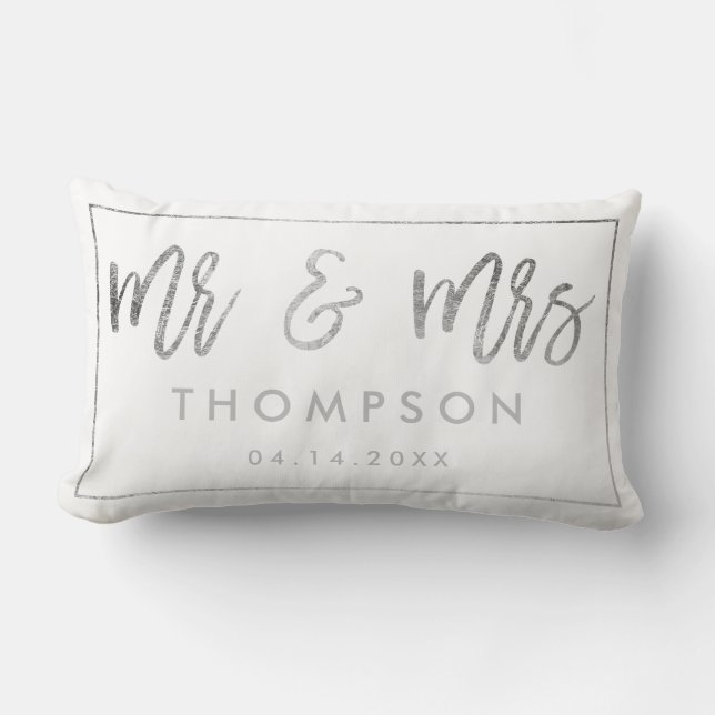 Coussin Rectangle Cadeau de mariage moderne argent blanc Monsieur et (Recto)