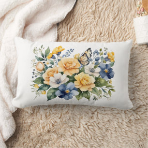 Coussin Rectangle Cadeau de papillon floral aquarelle bleu blanc jau
