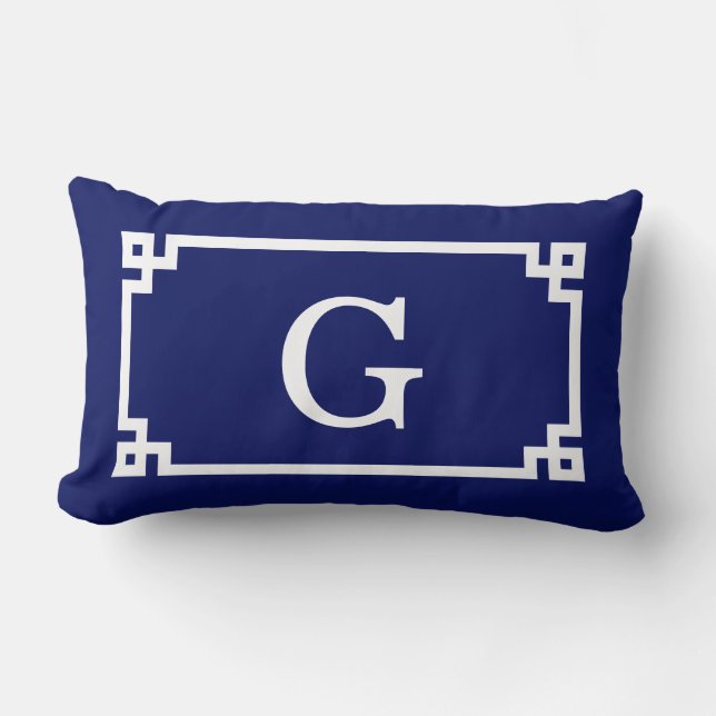 Coussin Rectangle Cadre de clé grecque blanche marine #2 Monogramme  (Recto)
