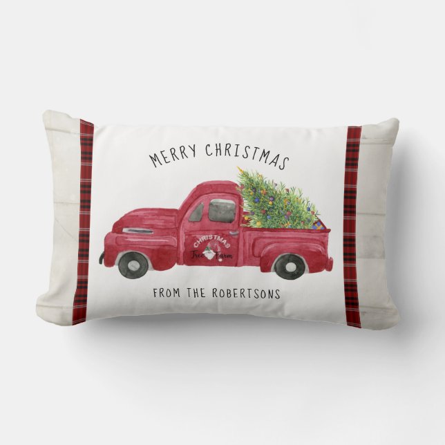 Coussin Rectangle Camion de ferme rouge Bois rustique Joyeux sapin d (Recto)