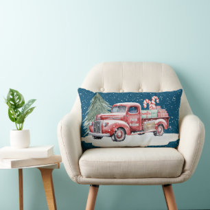 Coussin Rectangle Camion de Noël Rouge Rétro avec Sucres de canne