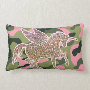 Coussin Rectangle Camouflage vert rose et Parties scintillant d'or U