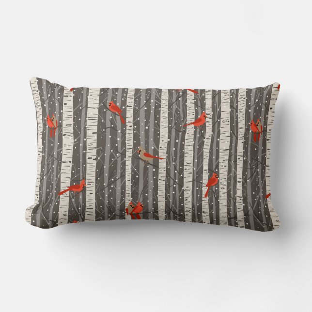 Coussin Rectangle Cardinaux d'hiver dans les bouleaux (Recto)