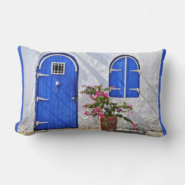 Coussin Rectangle Carreau bleu de maison de stuc de porte (Recto)