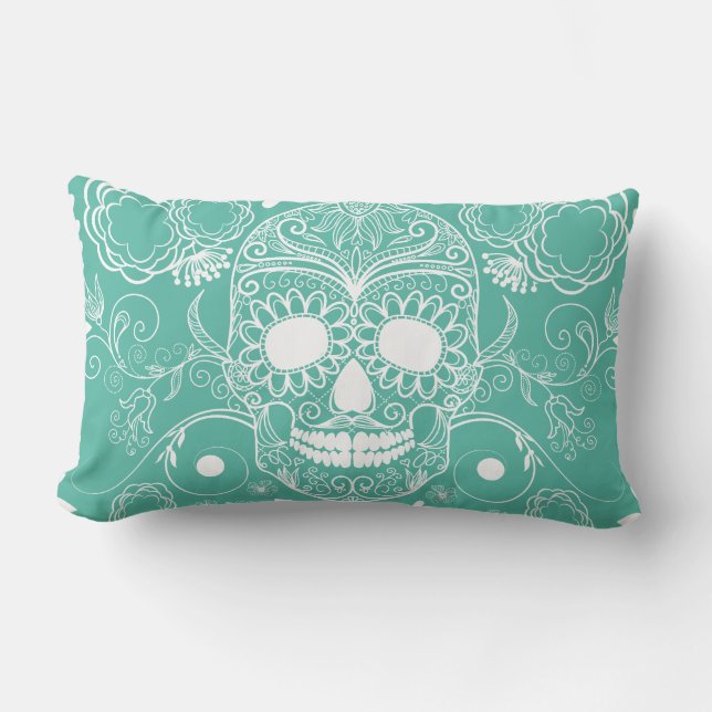 Coussin Rectangle Carreau turquoise et blanc de crâne (Recto)