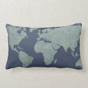 Coussin Rectangle Carte du monde du lin bleu