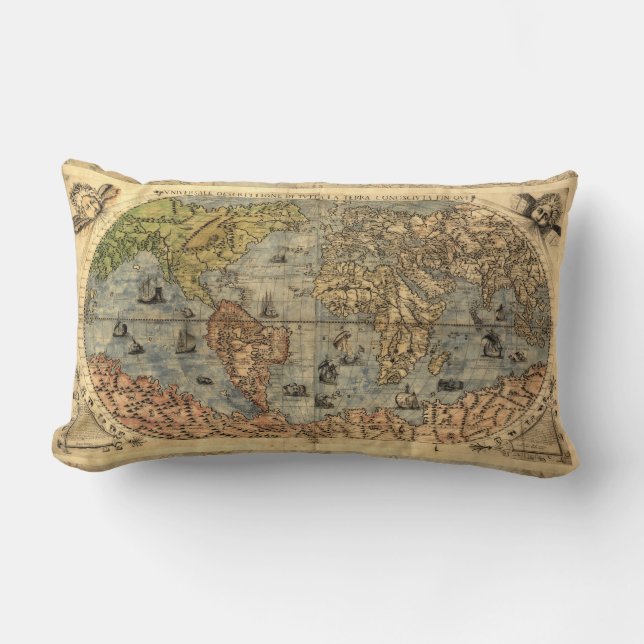 Coussin Rectangle Carte du monde Forlani Antiquev 1565 Renaissance (Recto)
