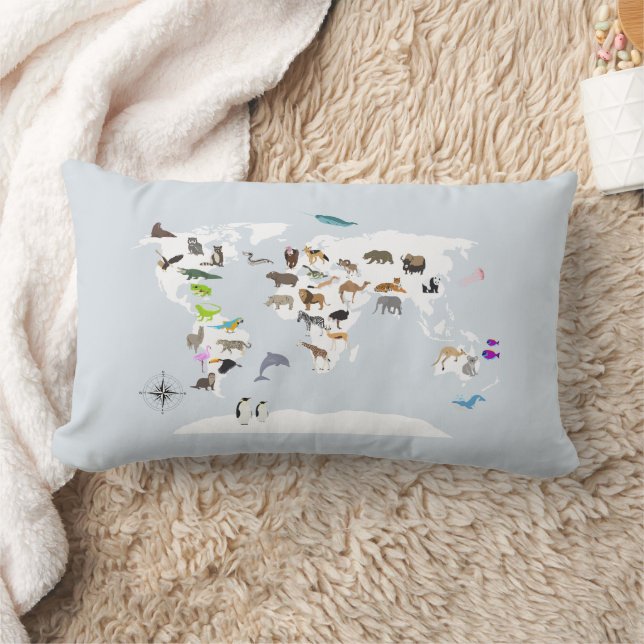 Coussin Rectangle Carte du monde pour enfants Animaux (Couverture)