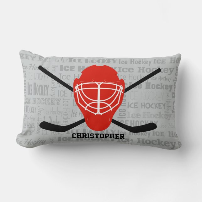 Coussin Rectangle Casque et bâtons rouges personnalisés de hockey (Recto)