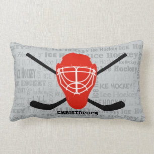 Coussin Rectangle Casque et bâtons rouges personnalisés de hockey