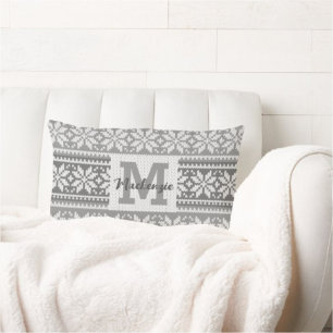 Coussin Rectangle Chandail de Knit de Snowflake Monogramme Nom Gris 