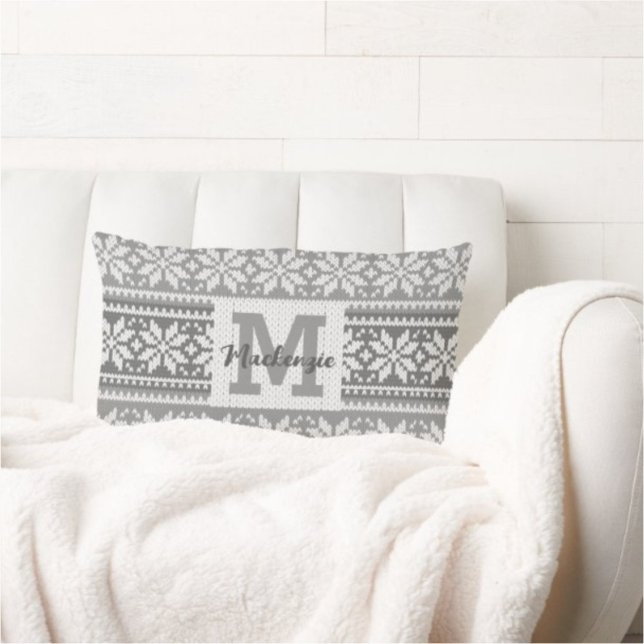 Coussin Rectangle Chandail de Knit de Snowflake Monogramme Nom Gris  (Créateur téléchargé)