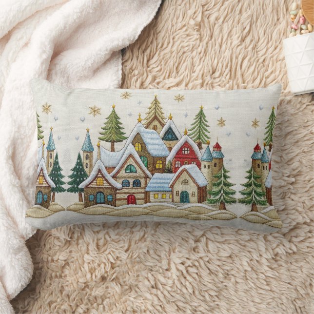 Coussin Rectangle Charmante Broderie Village d'hiver Jeu d'oreiller (Couverture)