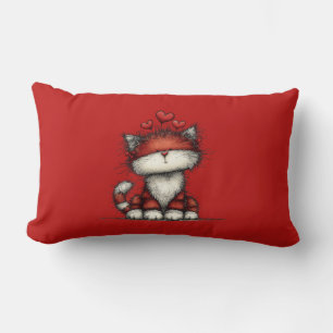 Coussin Rectangle Chat avec des cœurs d'amour rouges mignon et drôle