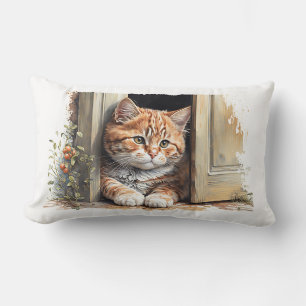 Coussin Rectangle Chat de gingembre aquarelle à la porte