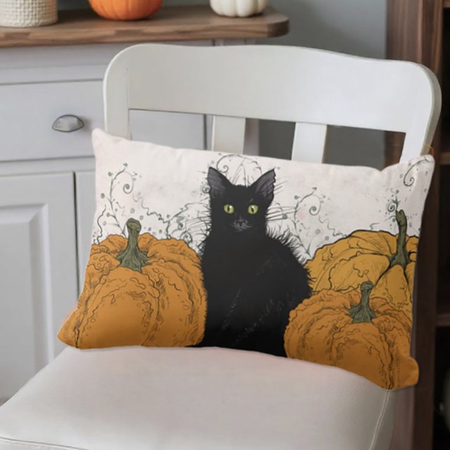 Coussin Rectangle Chat noir et citrouilles d'automne (Black cat and pumpkins throw pillow)