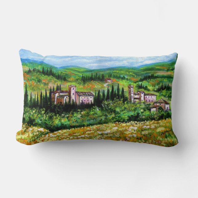COUSSIN RECTANGLE CHÂTEAUX EN CHIANTI PAYSAGE, CHAMPS DE FLEURS JAUN (Recto)