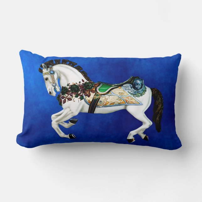 Coussin Rectangle Cheval assez blanc de carrousel sur le bleu (Recto)