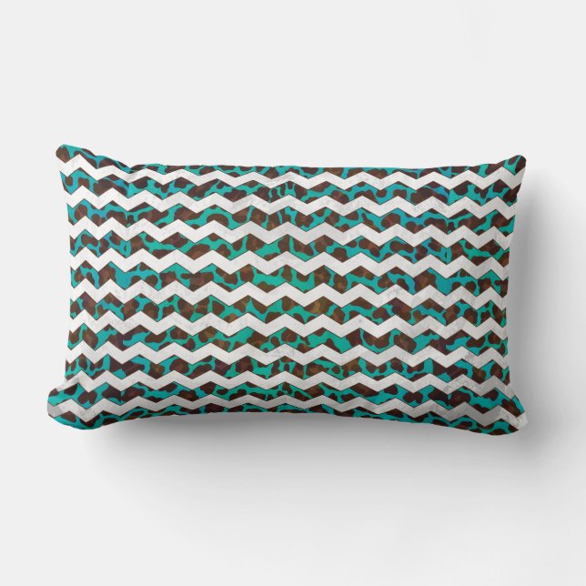 Coussin Rectangle Chevron Leopard Impression Brown et Turquoise (Recto)