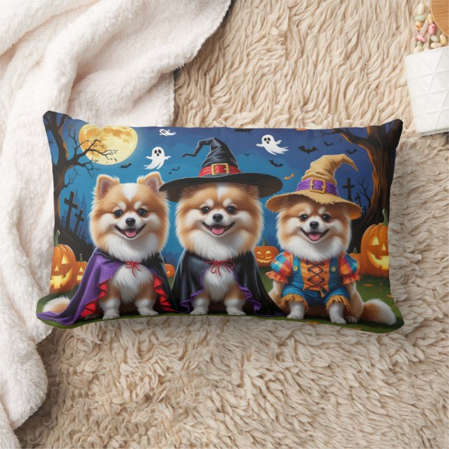 Coussin Rectangle Chiens de Poméranie Citrouille Halloween Funny (Couverture)