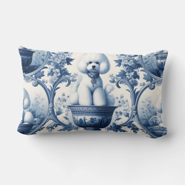 Coussin Rectangle Chinoiserie bleu et blanc Bichon Frise (Verso)