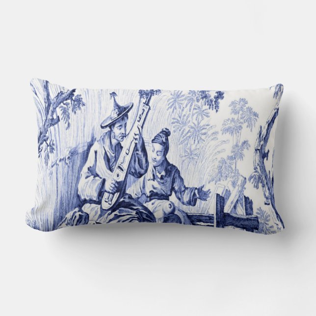 Coussin Rectangle Chinoiserie orientale bleue et blanche (Recto)