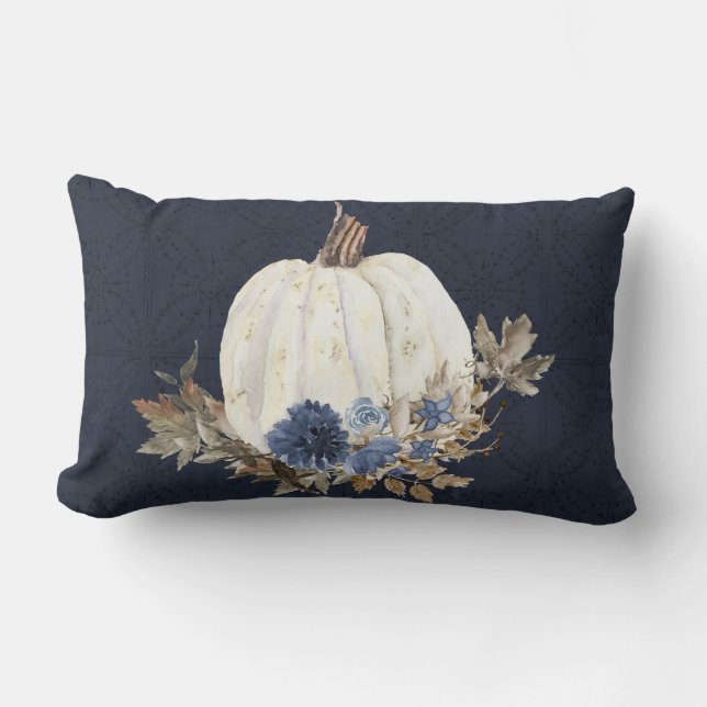 Coussin Rectangle Chute Citrouille Foliage Aquarelle Marine Bleu Flo (Recto)