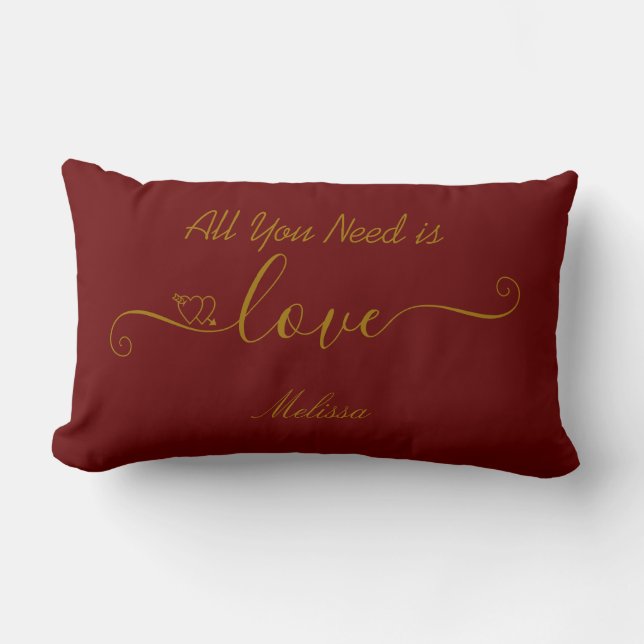 Coussin Rectangle Citation d'amour d'or rouge de Bourgogne personnal (Recto)