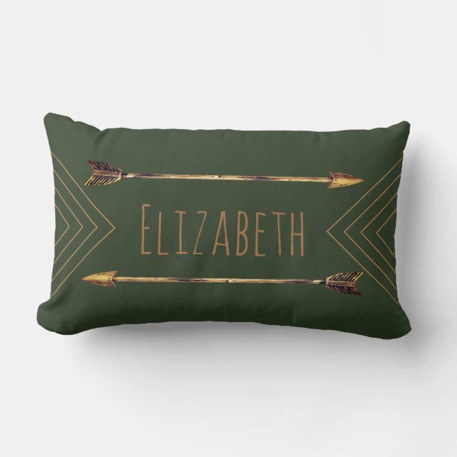 Coussin Rectangle Clair Bohême Gold Tribal Flèches & Vert (Recto)