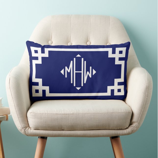 Coussin Rectangle Clé grecque blanche bleue #2 Monogramme diamant do (Créateur téléchargé)