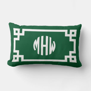 Coussin Rectangle Clé grecque en monogramme cercle blanc vert forêt 