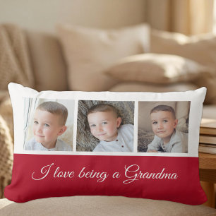 Coussin Rectangle Collage de photos rouge et blanc pour grand-mère
