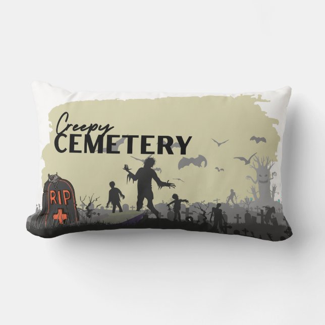 Coussin Rectangle Collection Timbre Halloween "Cimetière Déplaisant" (Recto)