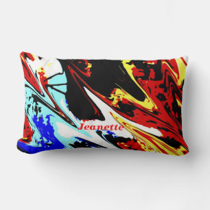 Coussin Rectangle Coloré Abstrait avec nom, Bleu Rouge Jaune